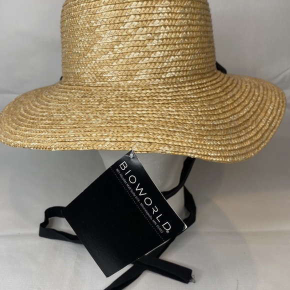 Bioworld Straw Sun Hat Wide Brim With Black Ribbon Decorative Trim NWT - Picture 3 of 5